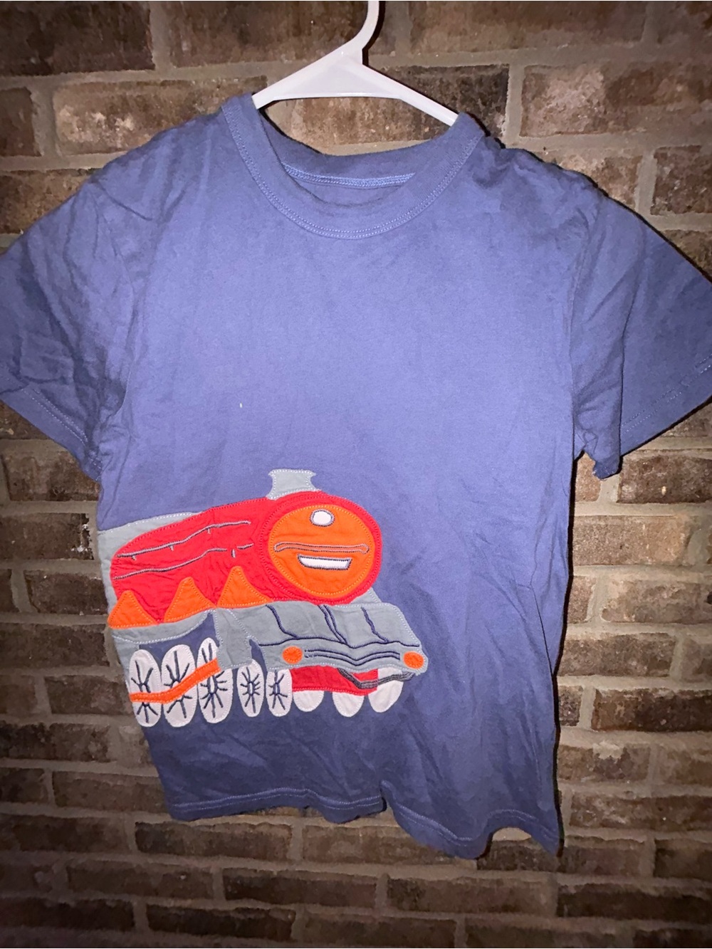 Mini Boden Blue Tee with Orange & Gray Train Applique